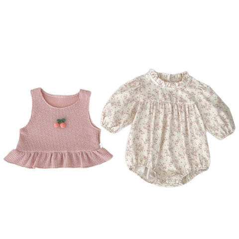 2 Pc Baby Girl Floral Bodysuit with Cherry Vest