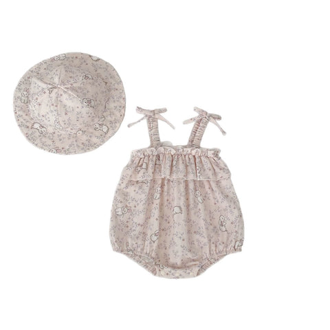 2 Pc Baby Girls Rabbit Print Cami Bodysuit w/ Hat