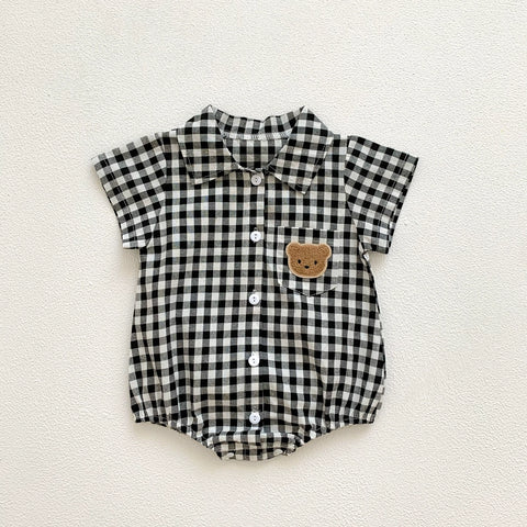 Baby Boy Bear Patch Gingham Polo Bodysuit