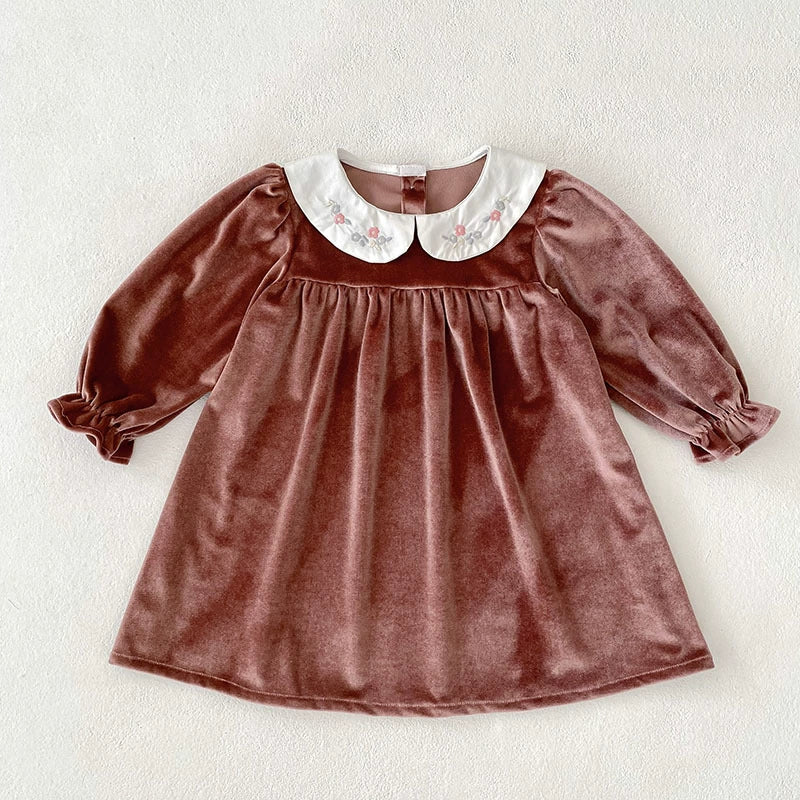 Girls Autumn Velvet Babydoll Collar Dress