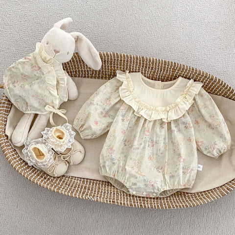 2 Pc Baby Girl Vintage Floral Bodysuit w/Bonnet