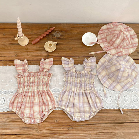 2 Pc Baby Girl Plaid Bodysuit with Hat