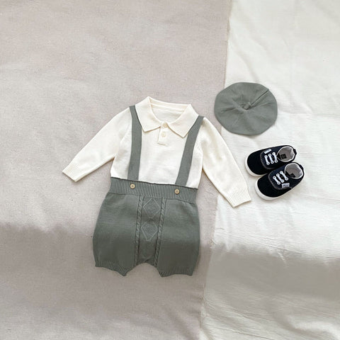 Baby Boy Knit Suspender Shorts with Shirt