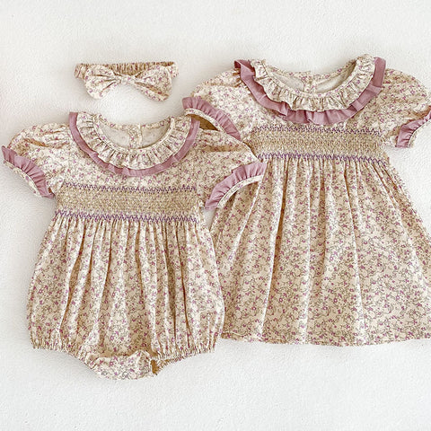 Girls Ditsy Flower Ruffle Neck Onesie/Dress