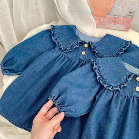 Girls Peter Pant Collar Denim Dress