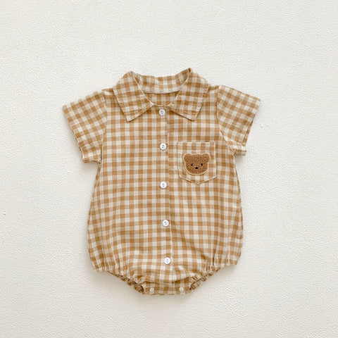 Baby Boy Bear Patch Gingham Polo Bodysuit