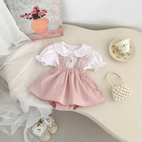 2 Pc Baby Girl Bunny Overall Skirt w/ Collar Shirt