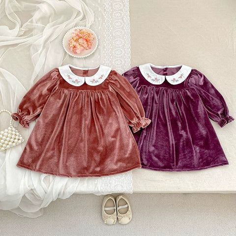 Girls Autumn Velvet Babydoll Collar Dress