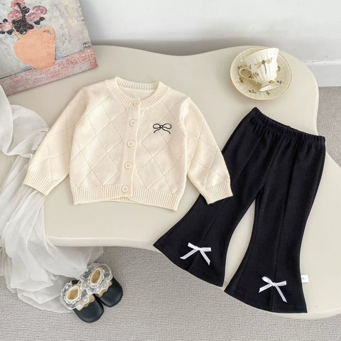 2 Pc Girls Bow Cardigan w/ Flare Pants Set