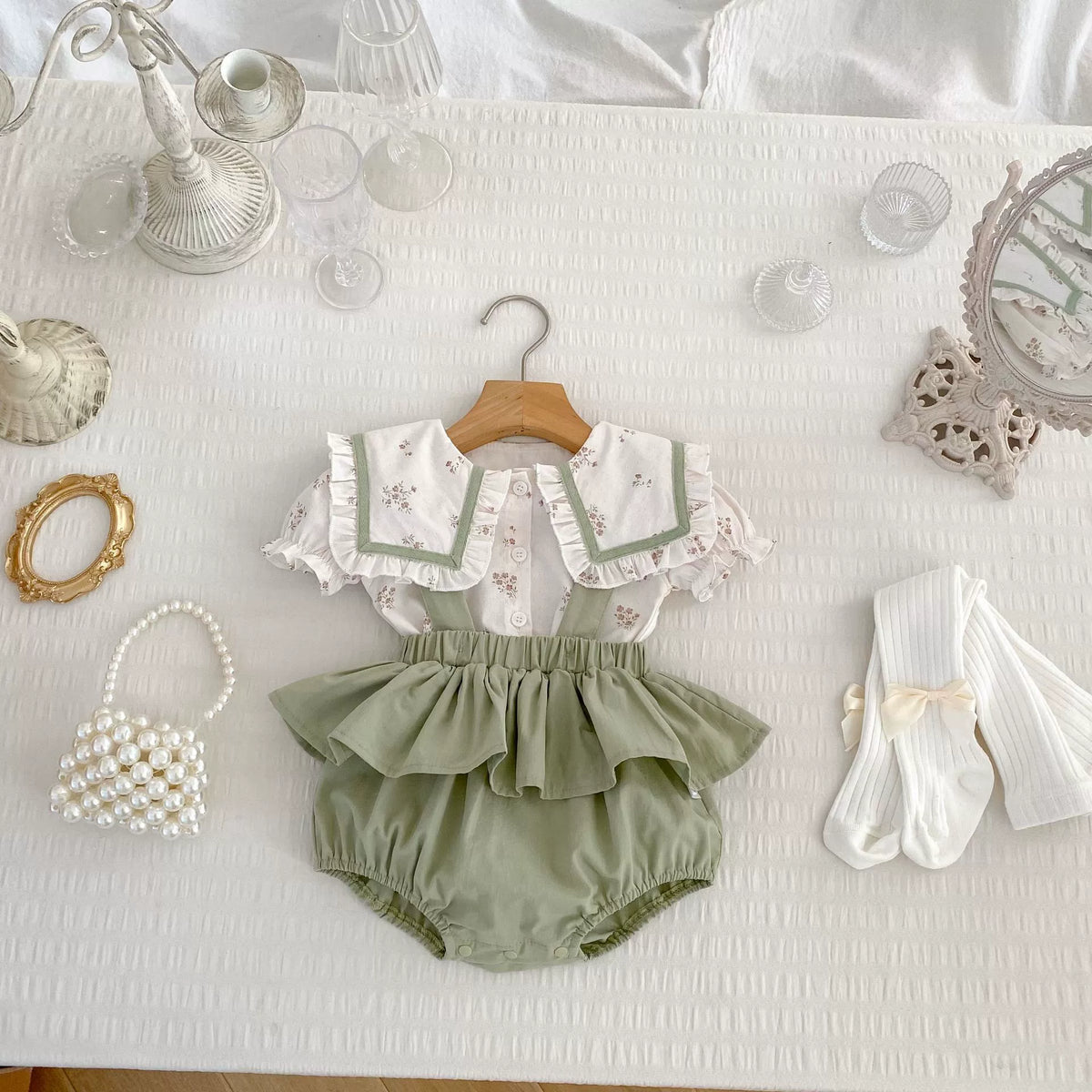 2 Pc Baby Girls Square Collar Shirt & Overall Set