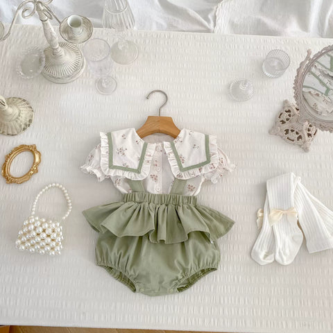 2 Pc Baby Girls Square Collar Shirt & Overall Set