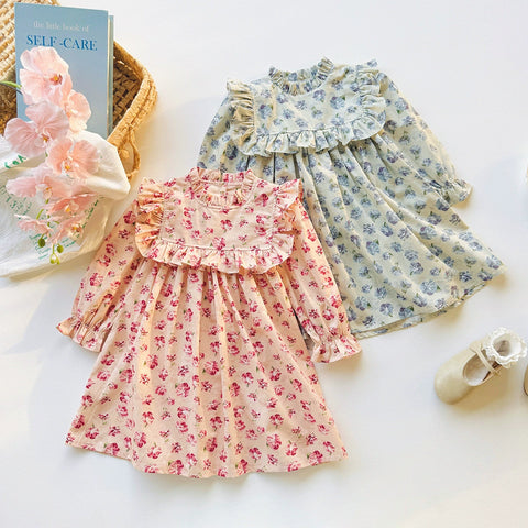 Girls Floral Print Ruffle High Neck Dress