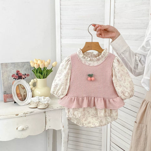 2 Pc Baby Girl Floral Bodysuit with Cherry Vest
