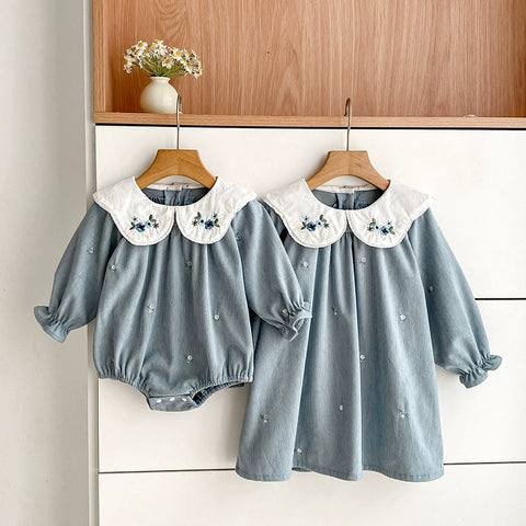 Girls Flower Embroidered Collar Bodysuit/ Dress