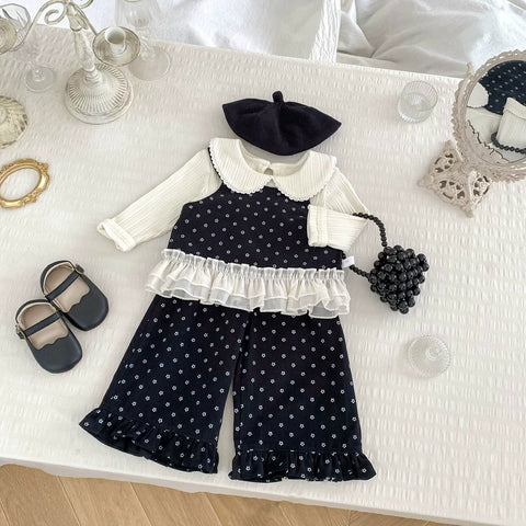 3 Pc Girls Wide Leg Flower Dot Top & Pants Set