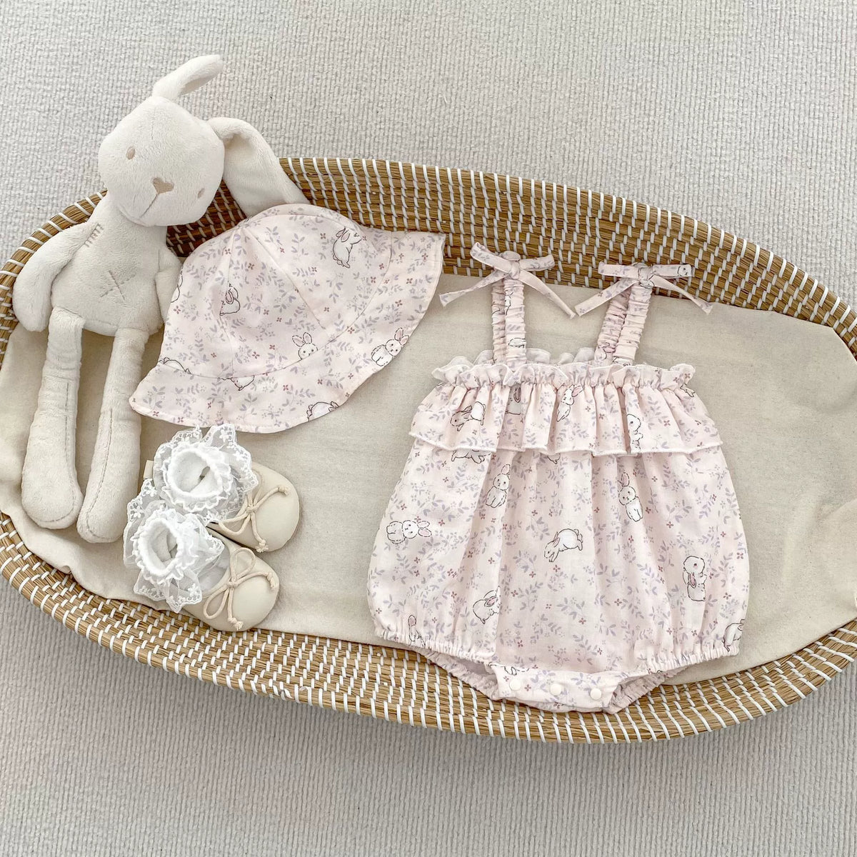 2 Pc Baby Girls Rabbit Print Cami Bodysuit w/ Hat