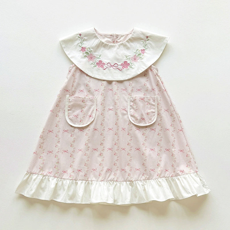 Girls Bows and Floral Round Collar Dress