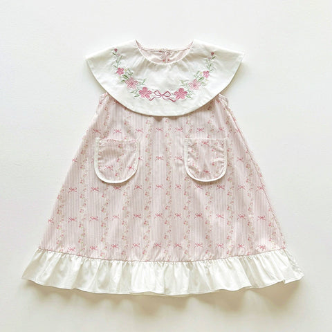 Girls Bows and Floral Round Collar Dress