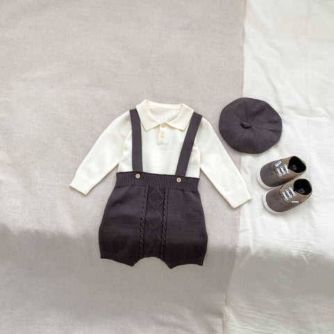 Baby Boy Knit Suspender Shorts with Shirt