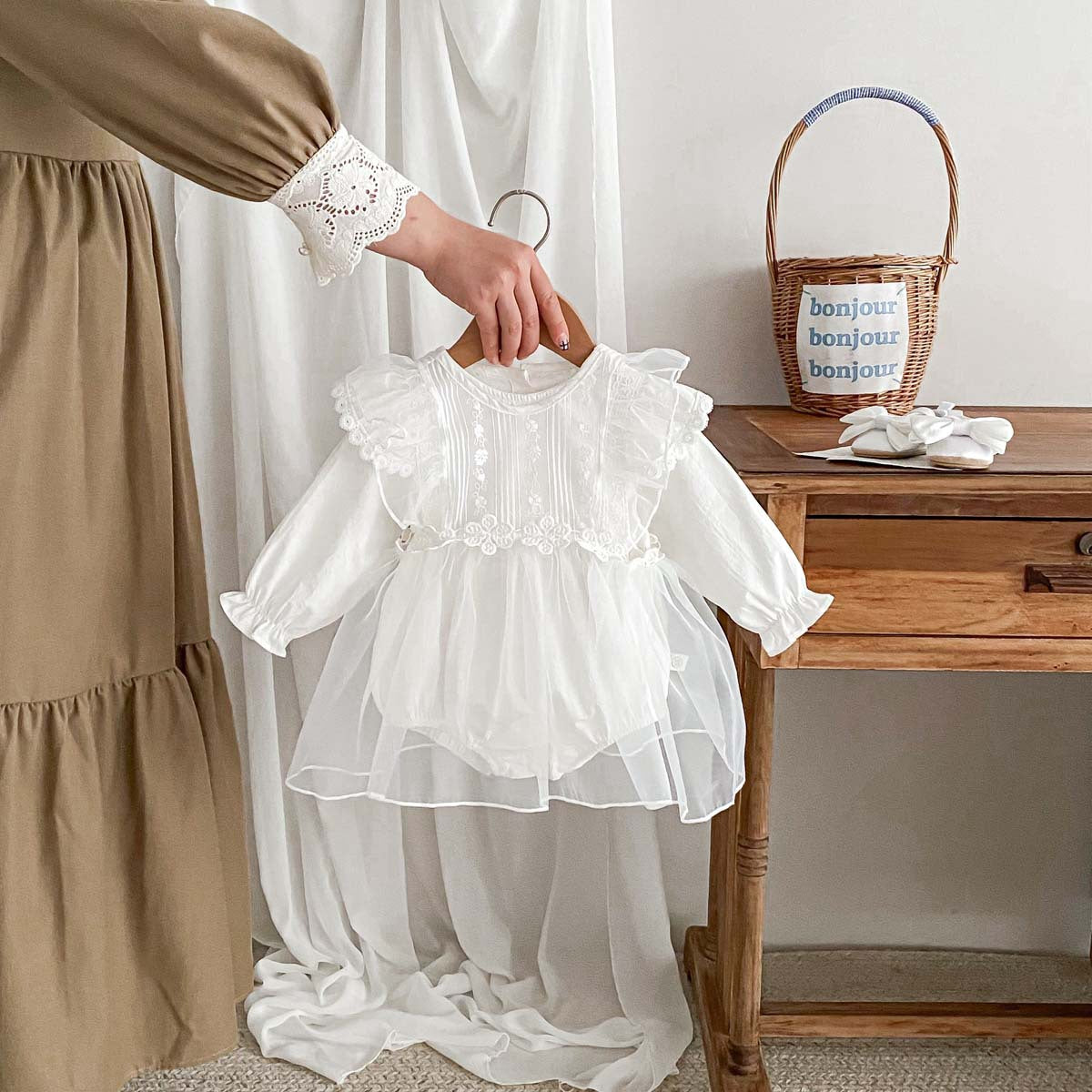 2 Pc Baby Girl Sheer Mesh Dress with Bodysuit