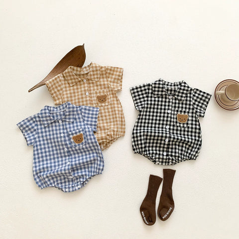 Baby Boy Bear Patch Gingham Polo Bodysuit