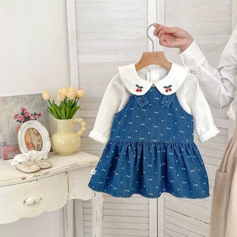 2 Pc Girls Denim Bow Skirt with Cherry Shirt Set