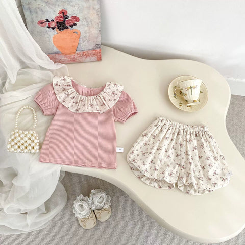 2 Pc Baby Girl Ribbed Tee & Floral Bloomer Shorts