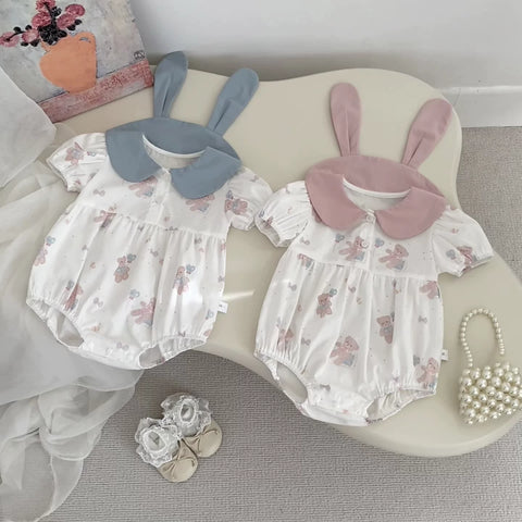 Baby Girl Teddy Bear Print Ear Collar Bodysuit