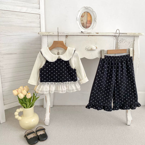3 Pc Girls Wide Leg Flower Dot Top & Pants Set