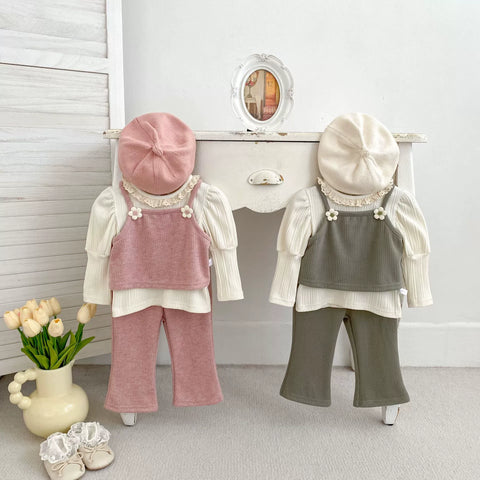 3 Pc Girls Flower Cami Layered Top & Pants Set