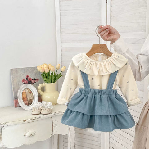 2 Pc Baby Girl Corduroy Skirt with Ruffle Collar Shirt