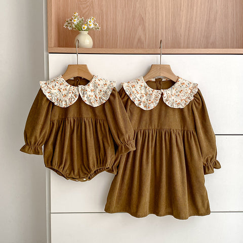 Girl Knit Corduroy Ruffle Collar Bodysuit Dress