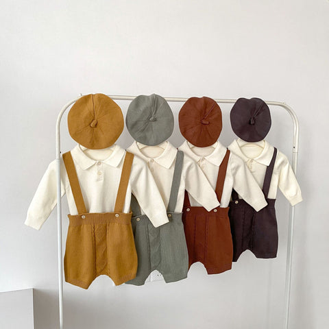 Baby Boy Knit Suspender Shorts with Shirt