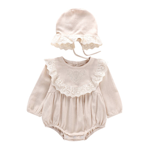 2 Pc Baby Girl Vintage Lace Bib Bodysuit w/ Bonnet