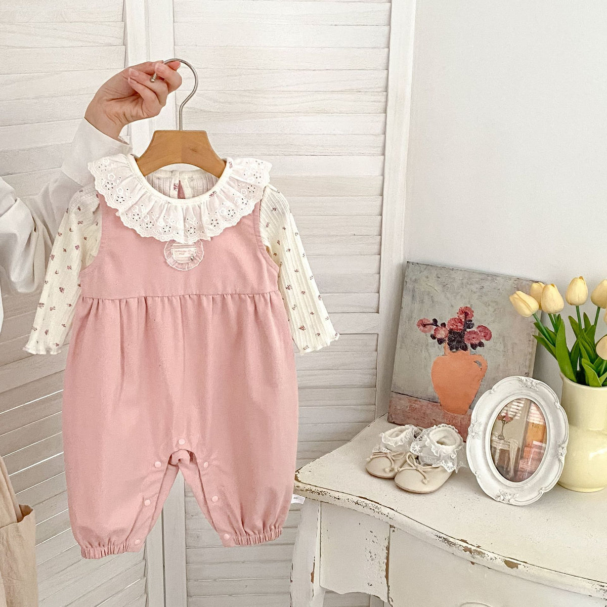 2 Pc Baby Girl Floral Shirt & Pink Jumpsuit Set