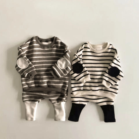 2 Pc Baby Boy Striped Elbow-Patch Sweatshirt & Pants Set